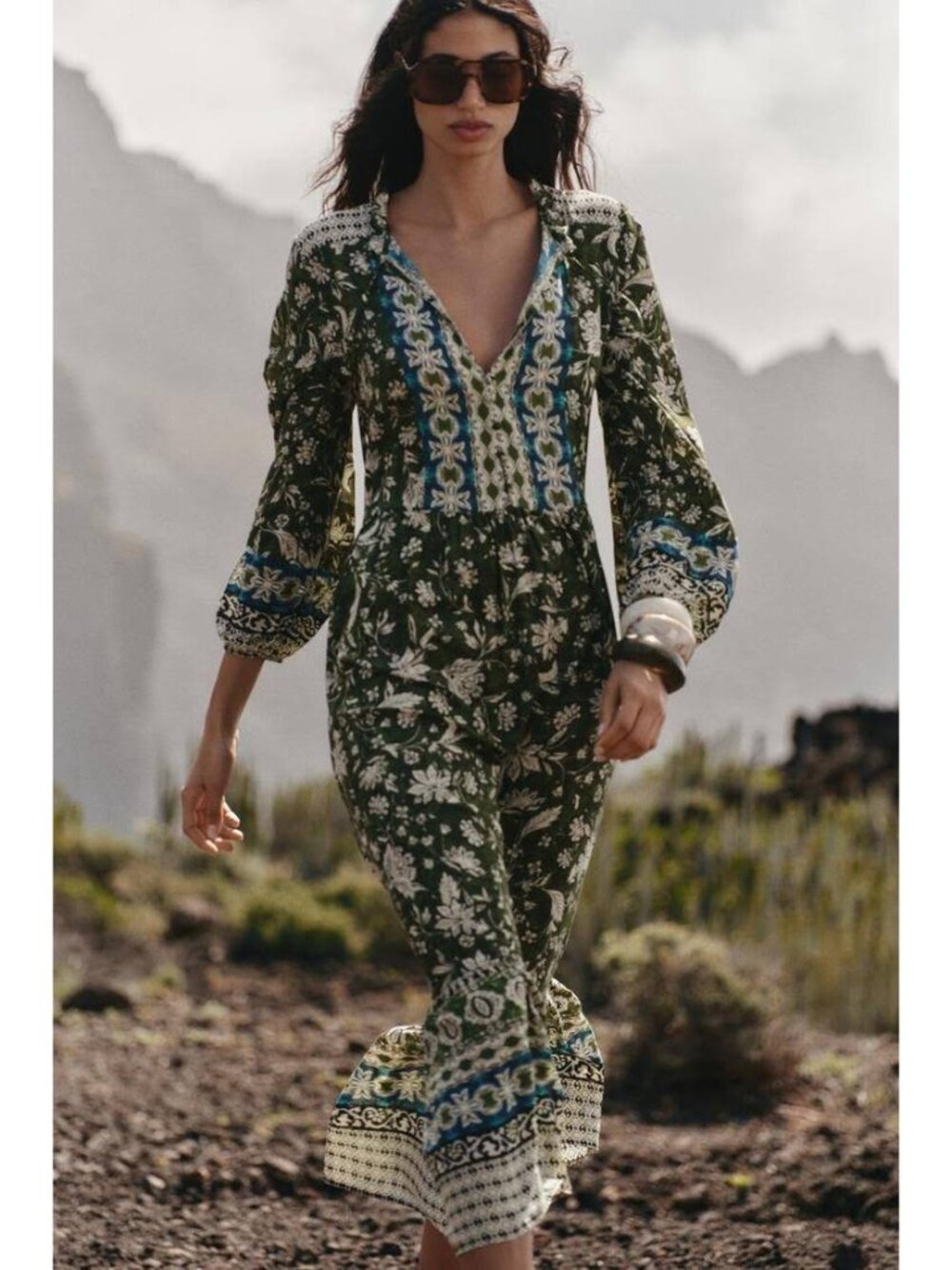 Zara Women Dress Small Green Floral Balloon Sleeve Midi Tassel Boho 5029/076 NWT